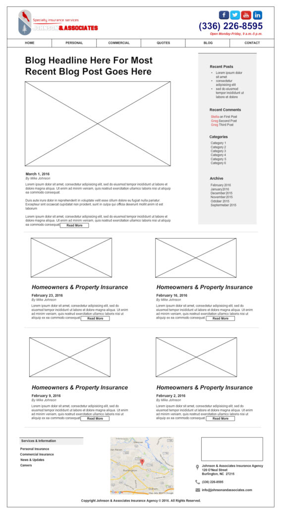 Wireframe from development for the Johnson and Associates website